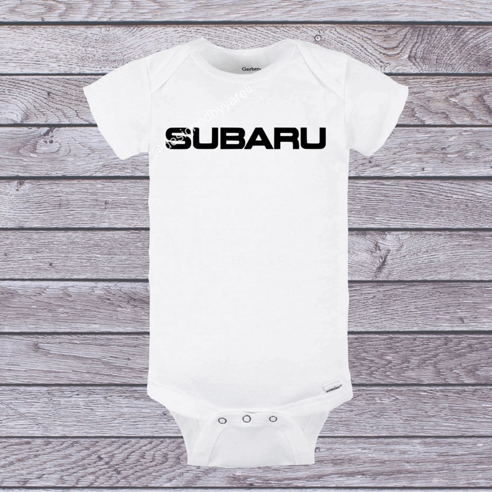 Subaru inspired white vinyl gerber onesie